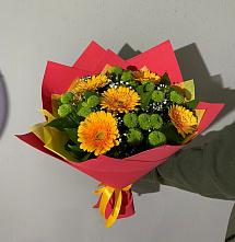 Букет восход солнца в поселке имени Цюрупы Букет цветов из:  Герберы и Хризантемы в поселке имени Цюрупы