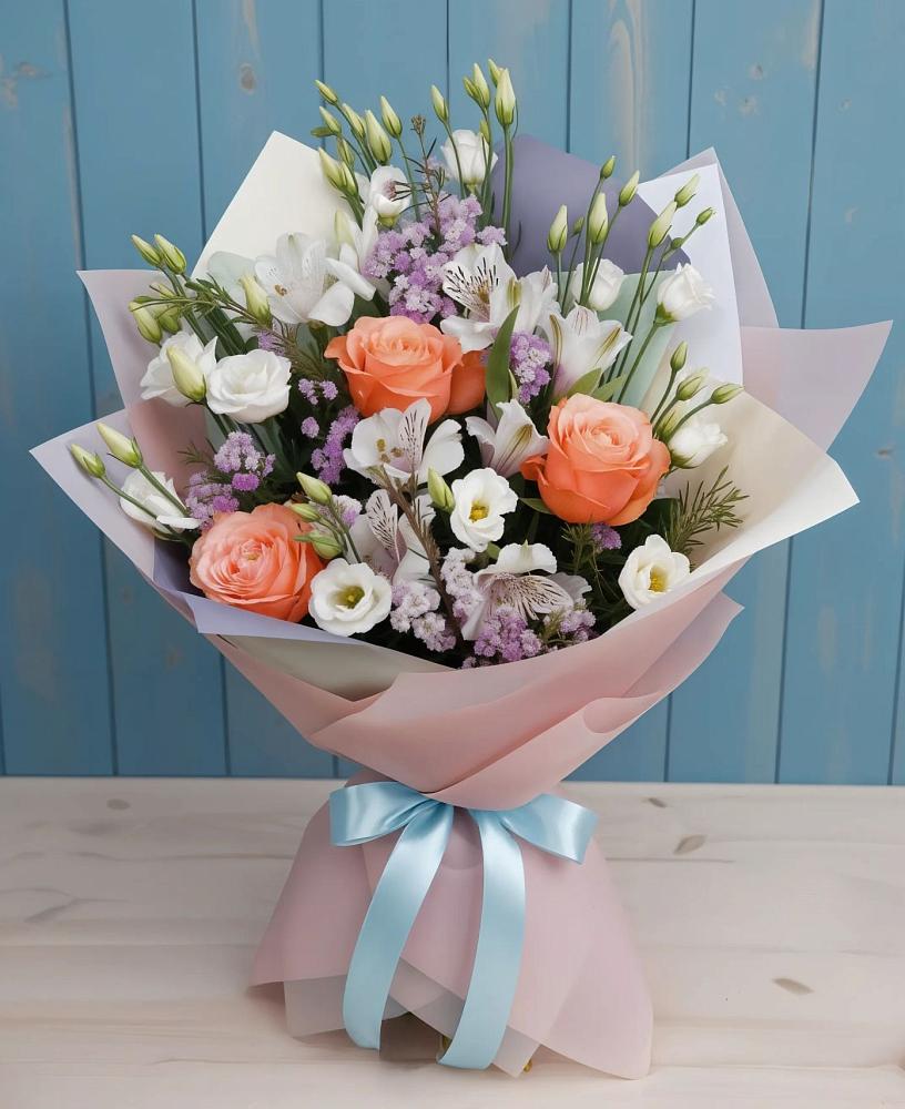 Букет Утренняя свежесть в поселке имени Цюрупы Букет цветов из: Лизиантусы, Розы, Альстромерии и Гипсофила в поселке имени Цюрупы