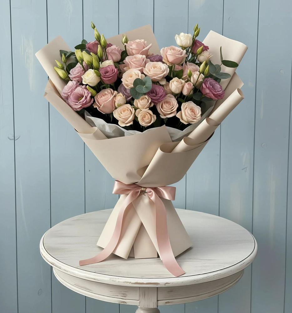 Букет цветов из: Розы и Лизиантусы в поселке имени Цюрупы