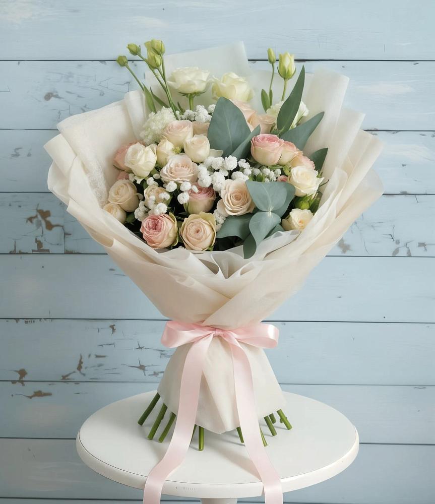 Букет Сказочное воображение в поселке имени Цюрупы Букет цветов из: Розы и Лизиантусы в поселке имени Цюрупы